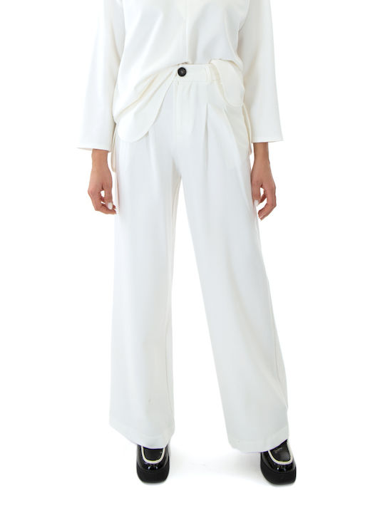 MY T Pants Women My T Wearables Women's High-waisted Fabric Trousers with Elastic in Wide Line Ecru (off-white)