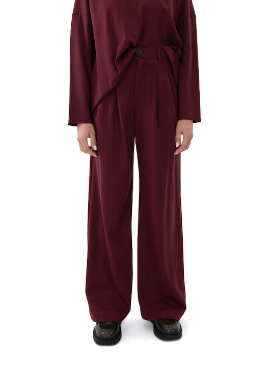 MY T Pants Women My T Wearables Damen Hochtailliert Stoff Palazzo-Hose mit Gummizug in Weiter Linie BORDO