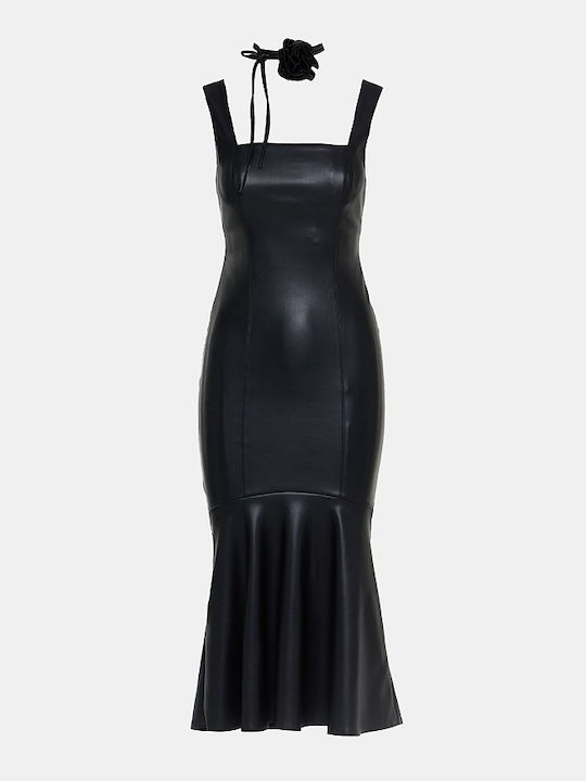 Lynne Midi Dress Leather with Ruffle Black