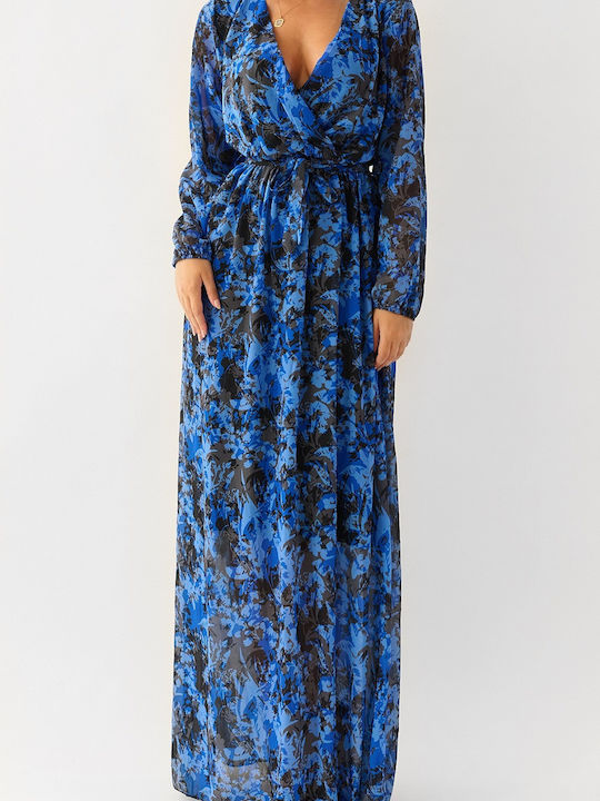 Nessie Blue Maxi Floral Dress with Belt