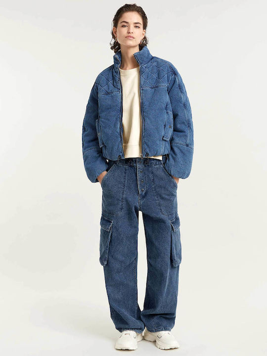 Kurz Damen Puffer Jacke für Winter Indigo Denim