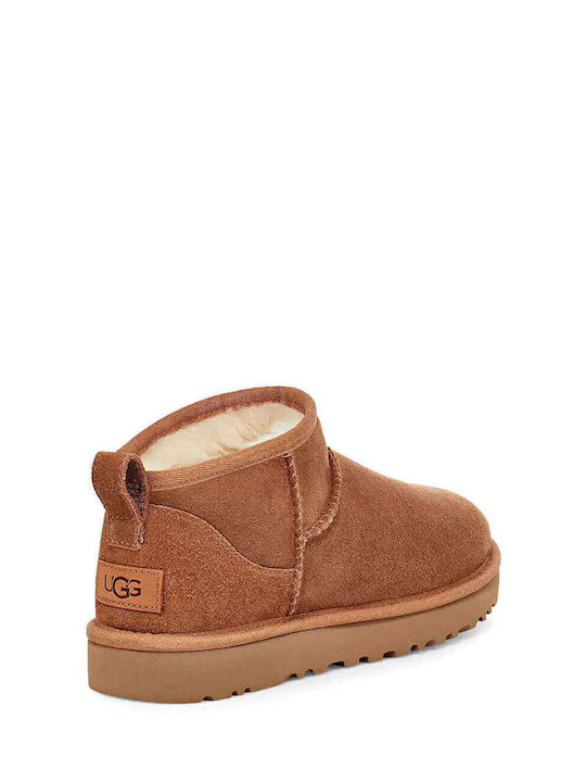 Classic Ultra Mini Leather Women's Ankle Boots with Fur Chestnut