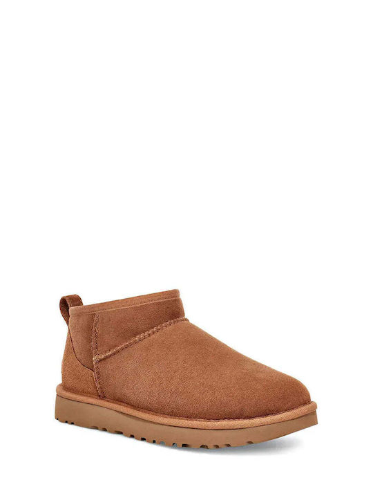 Classic Ultra Mini Leather Women's Ankle Boots with Fur Chestnut