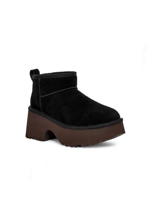 Ugg Australia Classic Ultra Mini Leder Damen Knöchelstiefel mit Pelz Schwarz