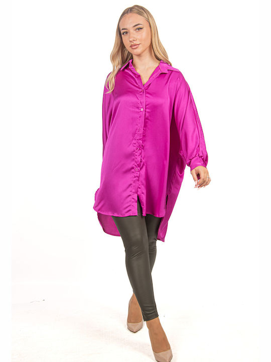 Ellen Women's Satin Long Sleeve Shirt Magenta