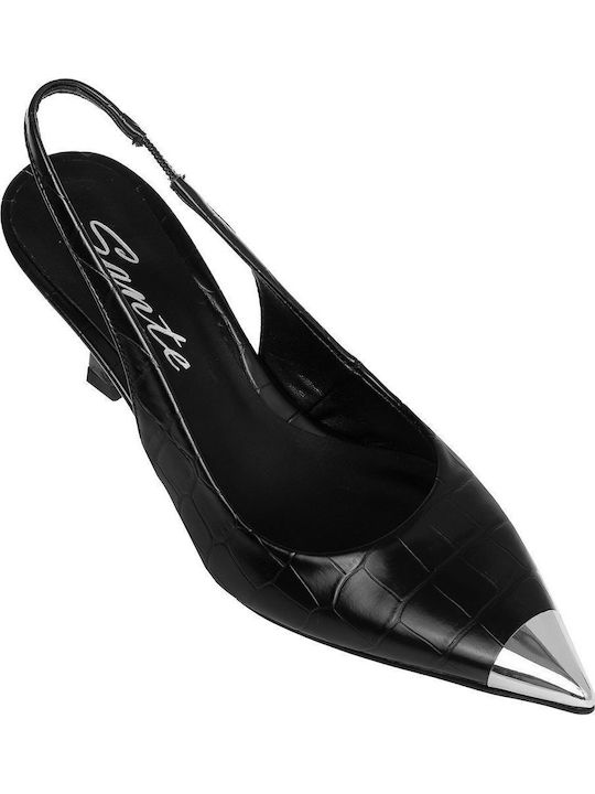 Leather Black Medium Heels with Strap