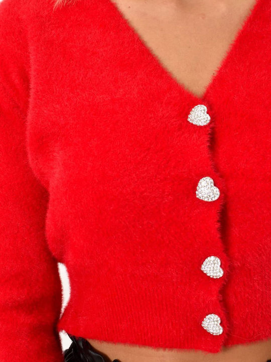 Potre Short Women's Knitted Cardigan with Buttons Red