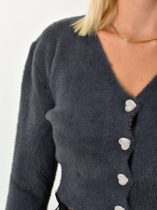 Kurze Gestrickte Damen Strickjacke mit Knöpfen Anthrazit