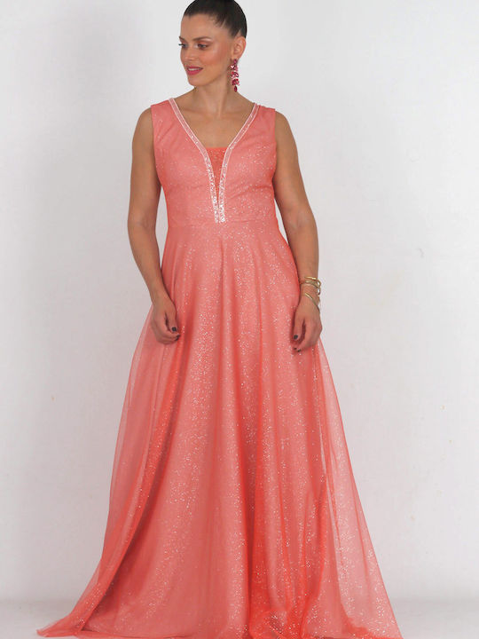 Bellino Maxi Evening Dress Open Back with Tulle Pink