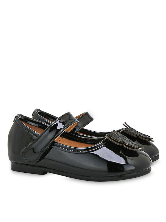 Exe Kids Patent Leather Ballerinas with Hoop & Loop Closure Black