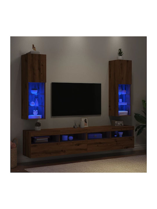 Wall Living Room Display Cabinet made of Particleboard with Glass & Lighting Coffee 30.5x30x102cm
