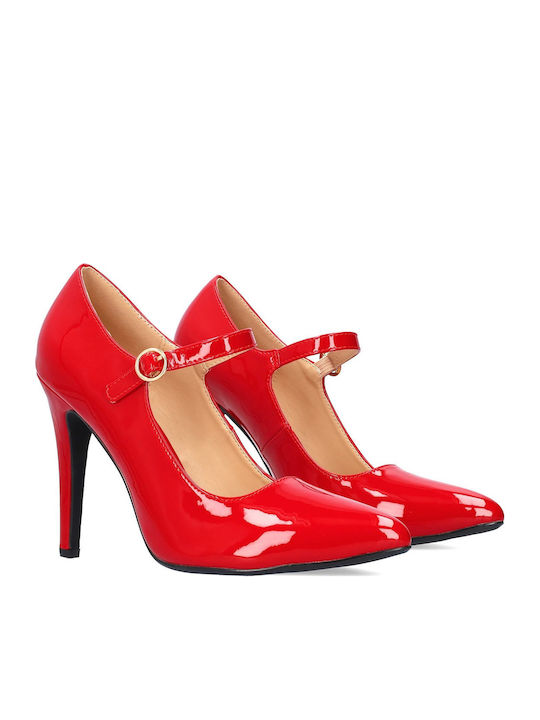 Leather Red High Heels with Strap