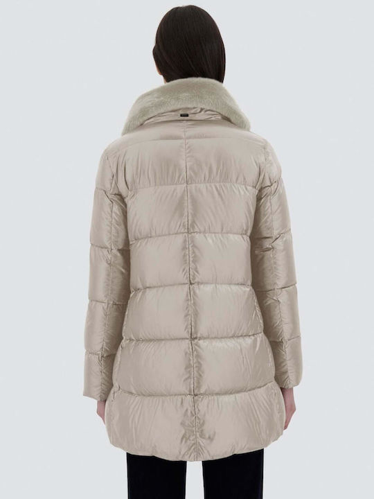 Woven Κοντό Γυναικείο Puffer Μπουφάν για Χειμώνα Μπεζ