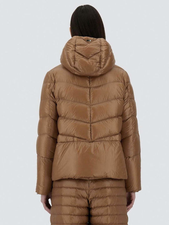 Herno Woven Women's Short Puffer Jacket for Winter with Hood Brown