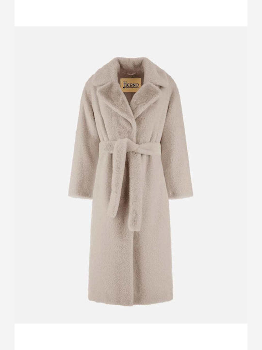 Herno Women's Long Coat with Buttons and Fur beige