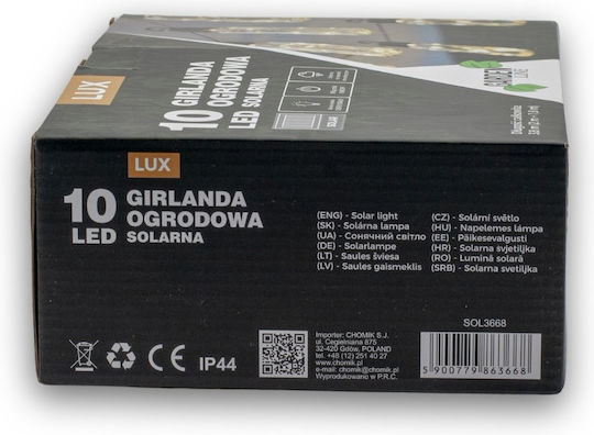 Led Light Garland Lux Model 10 Bulbs 380cm Solar Powered Warm White Light R