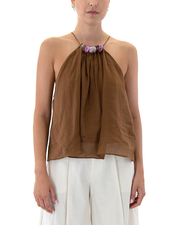 Matchbox Women's Summer Blouse Linen Sleeveless with Tie Neck Coffee