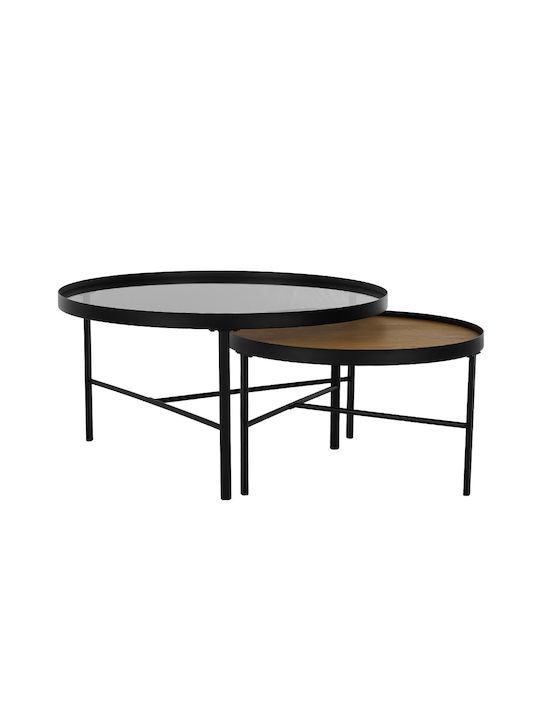 Round Coffee Table Accordo Wooden Black Velvet-Black Metal L80xW80xH42cm.