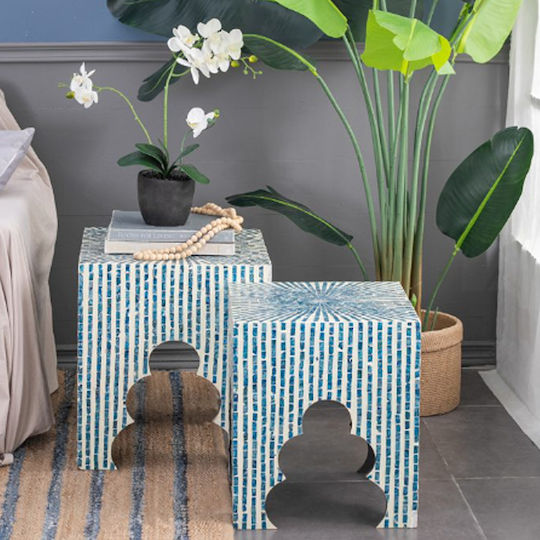 Square Side Table Ivory Wooden Blue M45xL45xH50.5cm