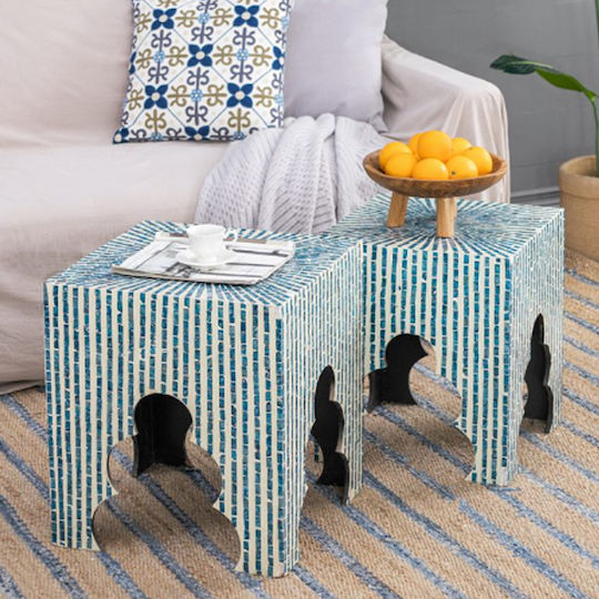 Square Side Table Ivory Wooden Blue M45xL45xH50.5cm