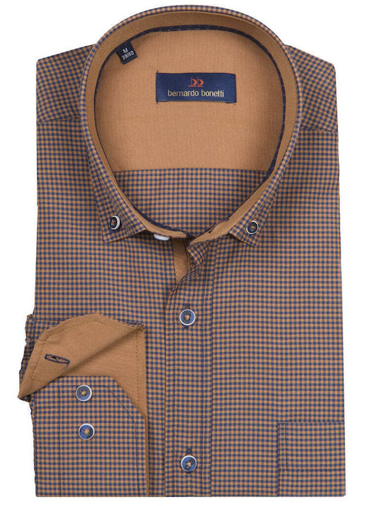 Long Sleeve Shirt in Regular Fit Checked Blue and Tan