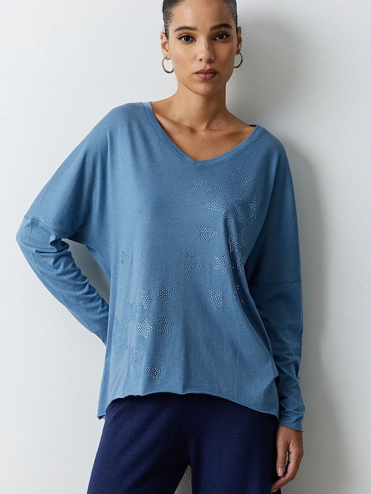 BSB Women's Blouse Cotton Long Sleeve with V Neckline Blue