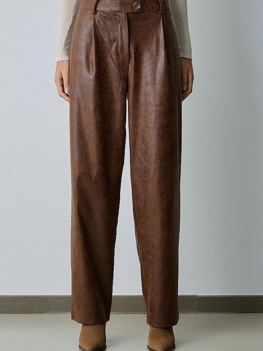 BSB Women's High-waisted Leather Trousers in Regular Fit Brown