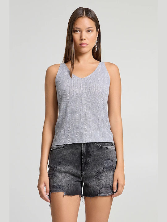 BSB Women's Sleeveless Sweater with V Neckline Silver