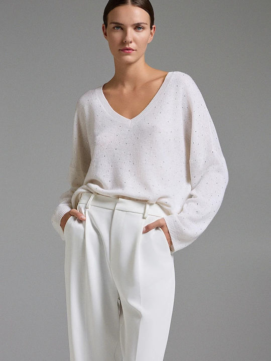 BSB Women's Sweater Woolen with V Neckline Off White