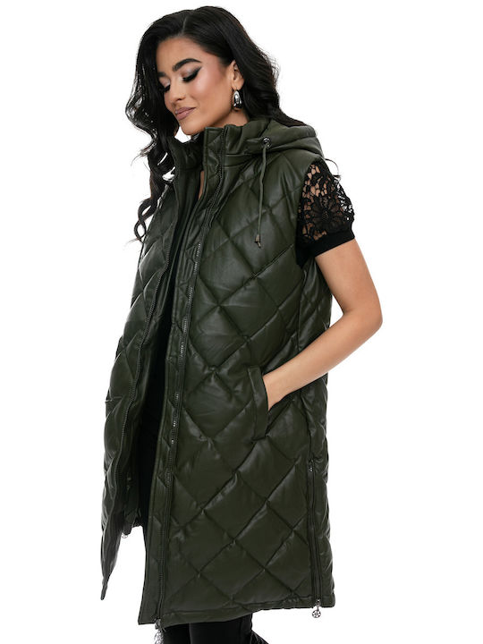 RichgirlBoudoir Lang Damen Ärmellos Puffer Jacke für Winter Khaki