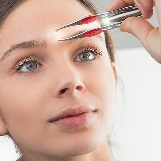 Eyebrow Tweezers with LED Light, Slant Tip, Soft Grip, Silver Red