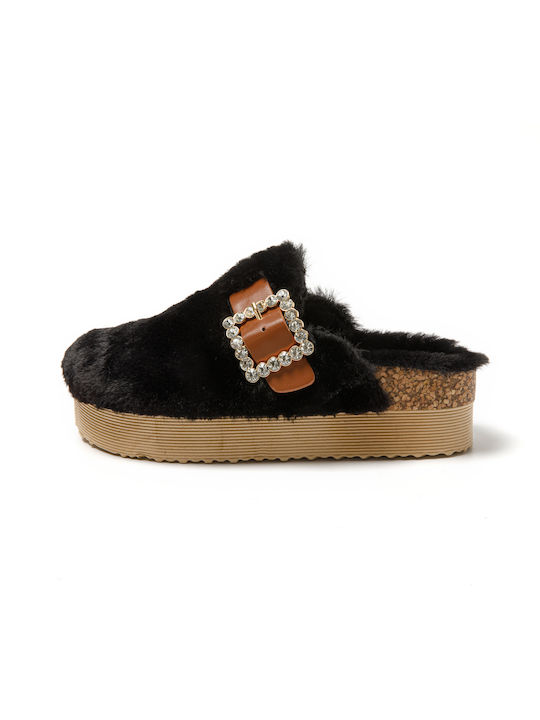 Jomix Winter Women's Slippers with fur in Black color