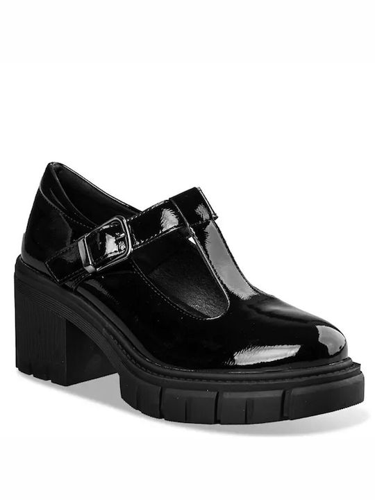 Envie Shoes Patent Leather Black Heels with Strap