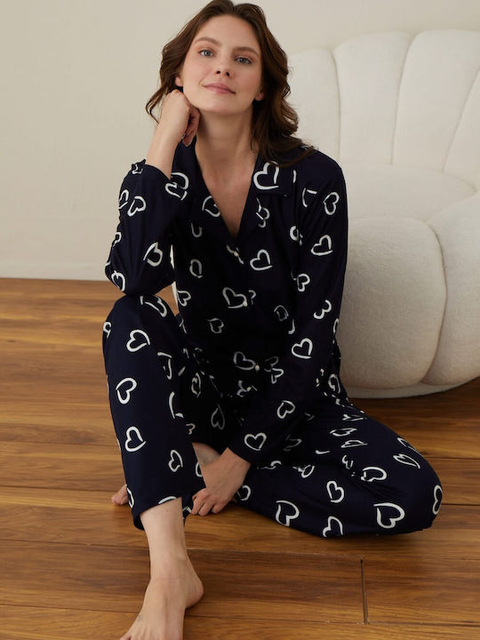 Boyraz Winter Women's Pyjama Set Cotton Dark Blue