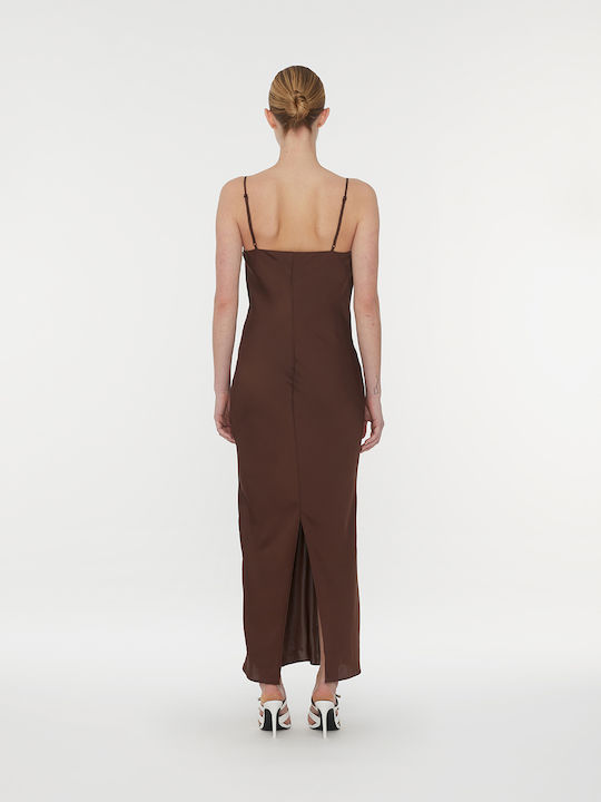 Rotate Midi Slip Dress Kleid mit Schlitz Braun