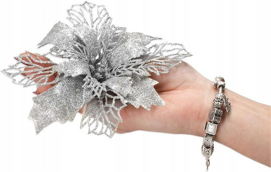 Hanging Ornament Flower Plastic Silver 16x14cm Set 10pcs