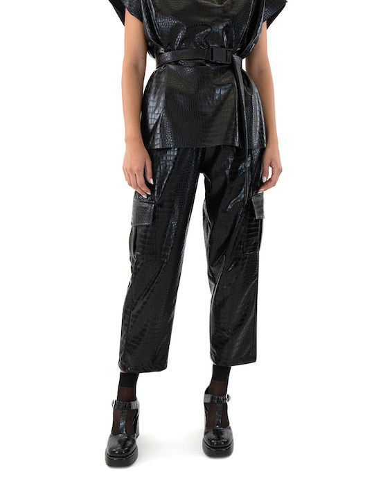 Zoya Faux Women's High-waisted Leather Cargo Trousers Black (Black)