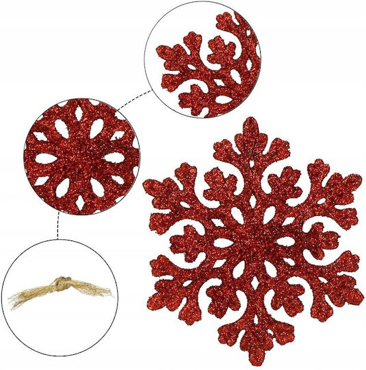 Hängendes Schneeflocke Ornament Kunststoff Rot mit Glitzer Set 8Stück