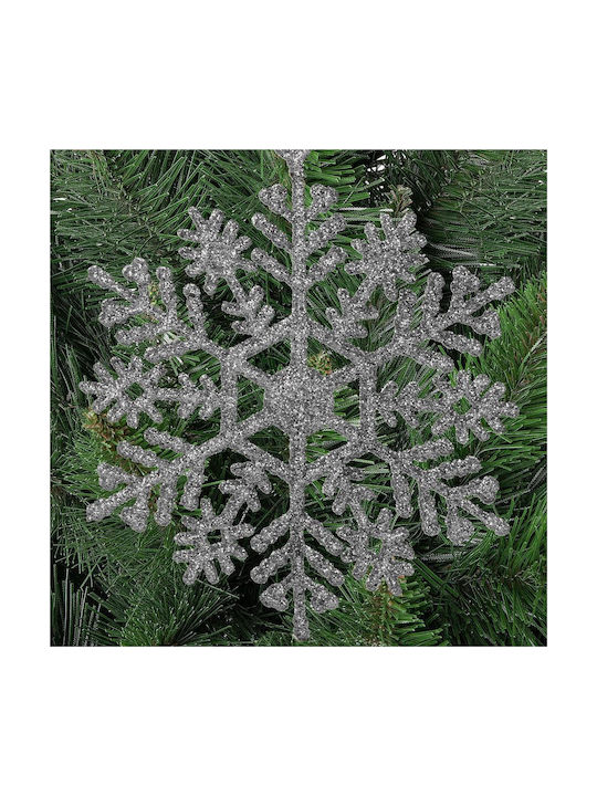 Hanging Snowflake Ornament Plastic Silver with Glitter 10cm Set 12pcs