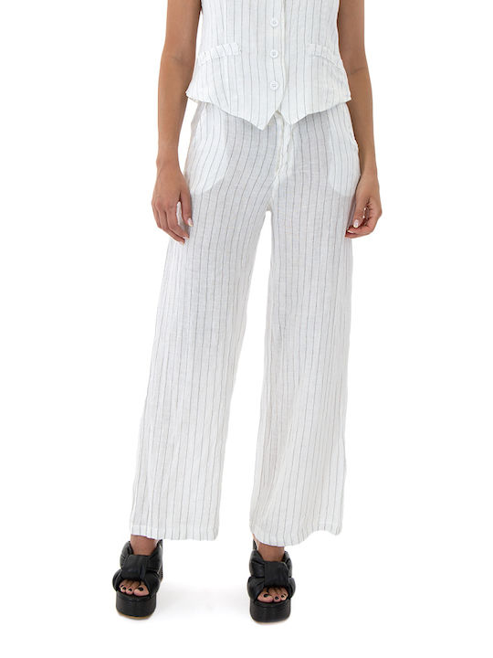 Baker's Dozen Women's High-waisted Linen Trousers in Straight Line Striped WHITE- BLACK