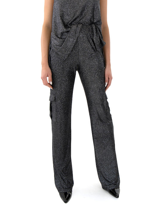 Zoya Pants Damen Hoch tailliert Stoff Cargo Hose mit Gummizug Ασημί-μαύρο