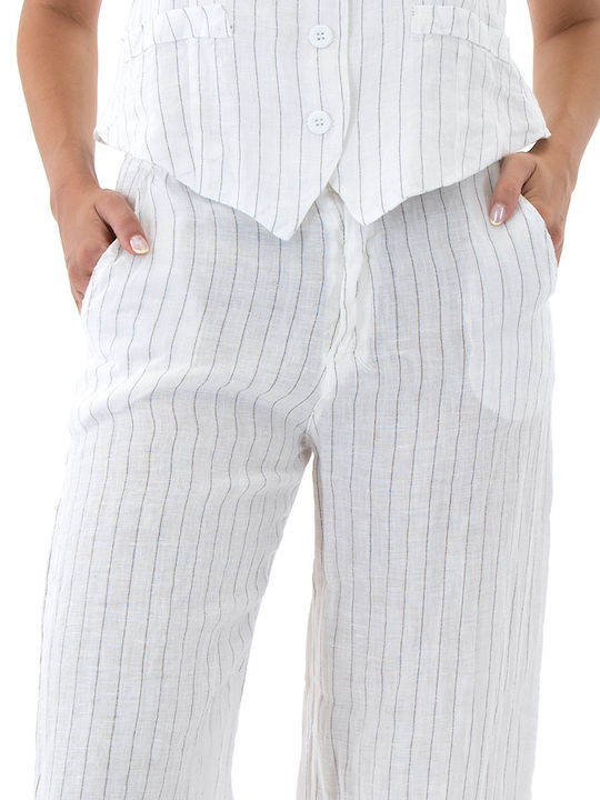 Damen Hoch tailliert Leinen Hose in Geradem Schnitt Gestreift WHITE- BLACK