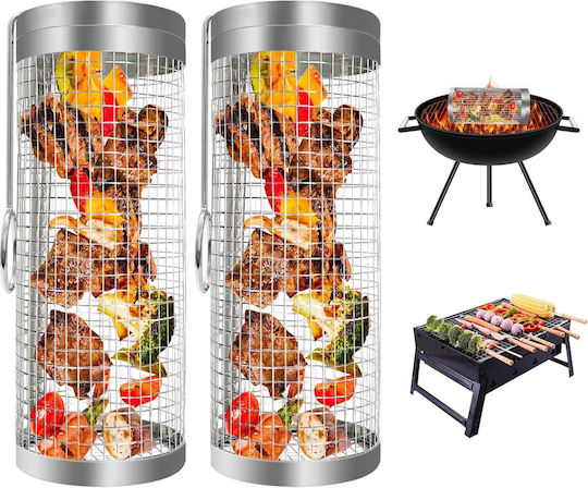 Cylindrical Barbecue Basket Zola Stainless Steel Very High Temperature Resistant 30x9.5 Cm Silver