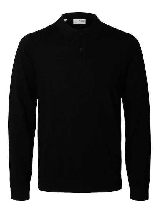 Selected Men's Long Sleeve Sweater Polo Black