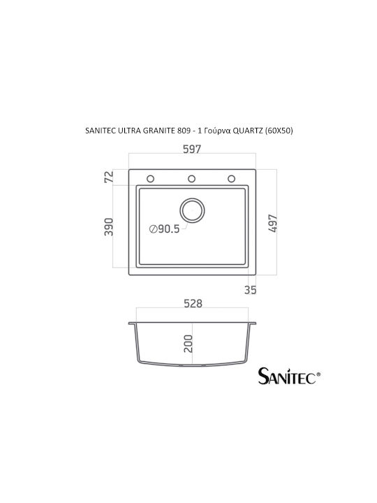 Sanitec Ultra Granite Drop-In Chiuvetă din Granit Sintetic L60xW50cm Nero