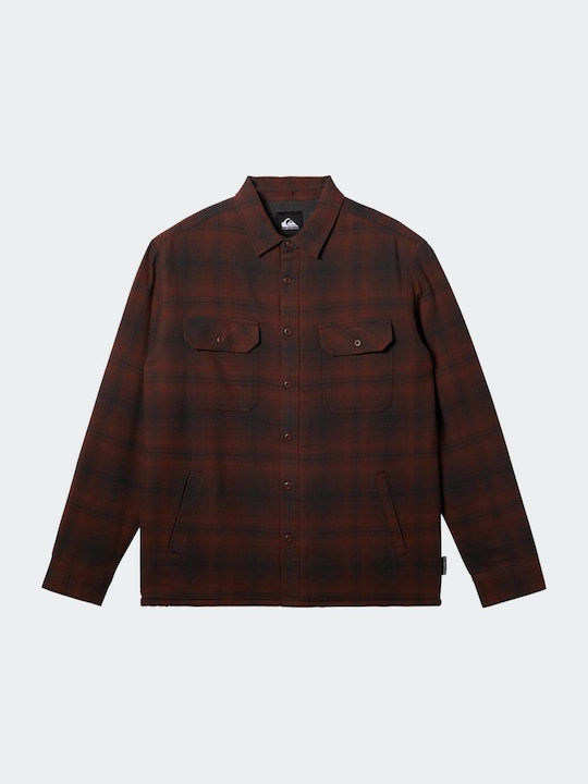 Quiksilver Men's Shirt Overshirt Long Sleeve Cotton Checked Brown