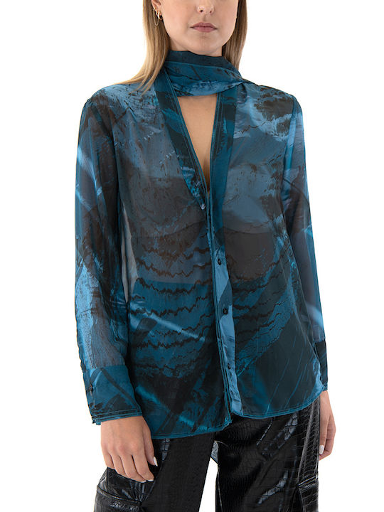 Black n Black Women's Blouse Long Sleeve with V Neckline Blue