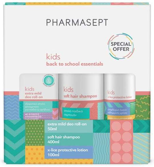 Pharmasept Back to School Pack Комплект за грижа 1000мл Шампоан за мека коса за деца 400мл, защитен лосион против въшки 100мл и екстра мек дезодорант рол-он за деца 50мл