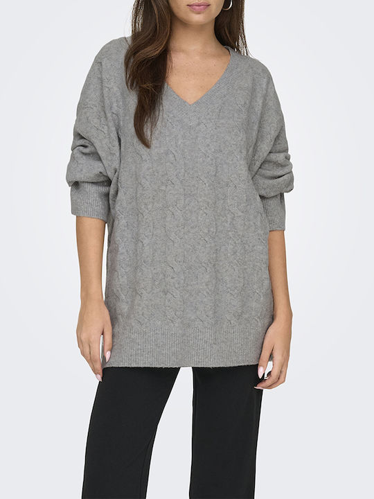 Only Life Women's Long Sleeve Sweater with V Neckline Light Grey Melange Gray