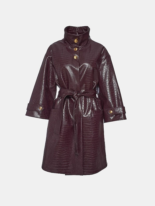 Lynne Women's Leather Coat with Belt Κερασί